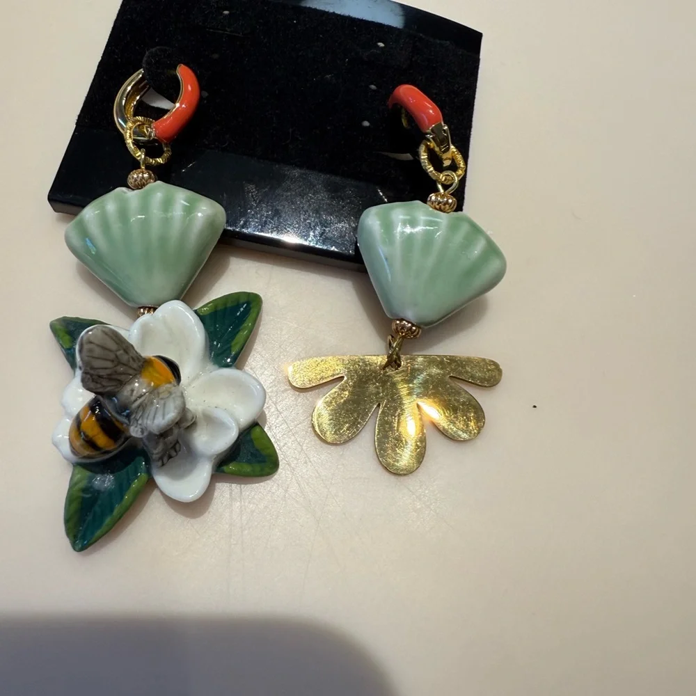 Whimsical Mismatched Bee & Flower Statement Earrings One of‎ a Kind Artisan
